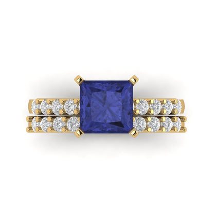 2.63 cttw Princess Cut Simulated Tanzanite Bridal Set - Solid Yellow Gold Engagement Ring & Wedding Band