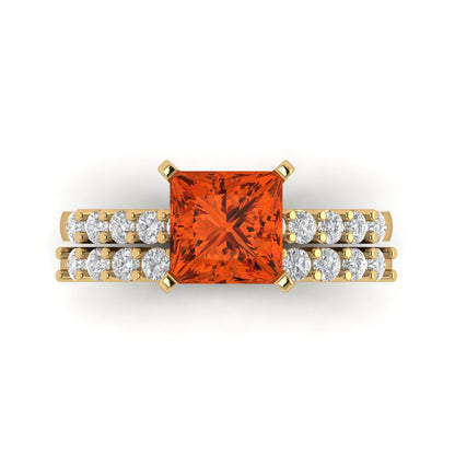 2.63 cttw Princess Cut Simulated Red Diamond Bridal Set - Solid Yellow Gold Engagement Ring & Wedding Band