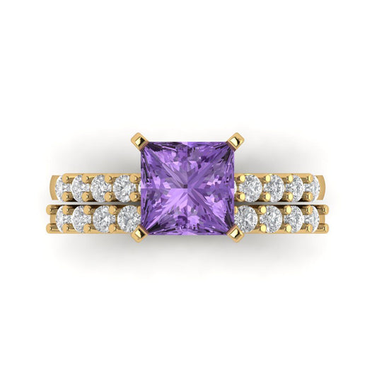 2.63 cttw Princess Cut Simulated Alexandrite Bridal Set - Solid Yellow Gold Engagement Ring & Wedding Band