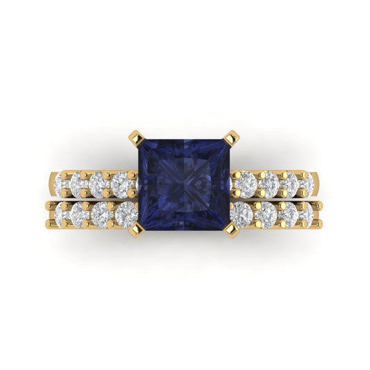 2.63 cttw Princess Cut Simulated Blue Sapphire Bridal Set - Solid Yellow Gold Engagement Ring & Wedding Band