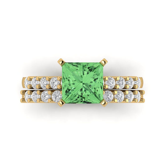 2.63 cttw Princess Cut Simulated Green Diamond Bridal Set - Solid Yellow Gold Engagement Ring & Wedding Band