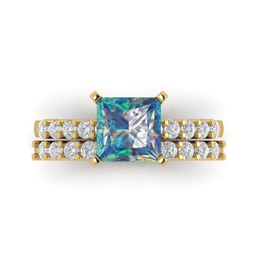 2.63 cttw Princess Cut Blue Moissanite Bridal Set - Solid Yellow Gold Engagement Ring & Wedding Band