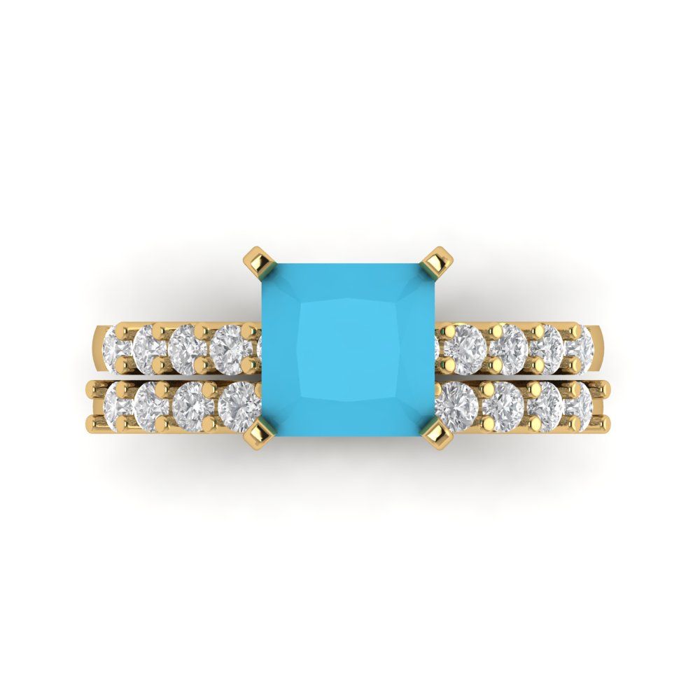 2.63 cttw Princess Cut Simulated Turquoise Bridal Set - Solid Yellow Gold Engagement Ring & Wedding Band