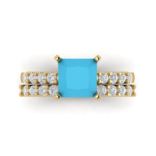 2.63 cttw Princess Cut Simulated Turquoise Bridal Set - Solid Yellow Gold Engagement Ring & Wedding Band