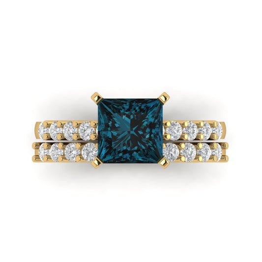 2.63 cttw Princess Cut Natural London Blue Topaz Bridal Set - Solid Yellow Gold Engagement Ring & Wedding Band