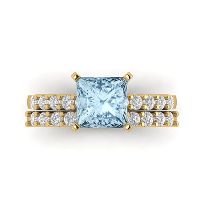 2.63 cttw Princess Cut Natural Aquamarine Bridal Set - Solid Yellow Gold Engagement Ring & Wedding Band