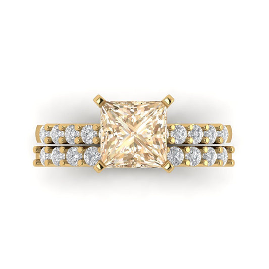 2.63 cttw Princess Cut Natural Morganite Bridal Set - Solid Yellow Gold Engagement Ring & Wedding Band