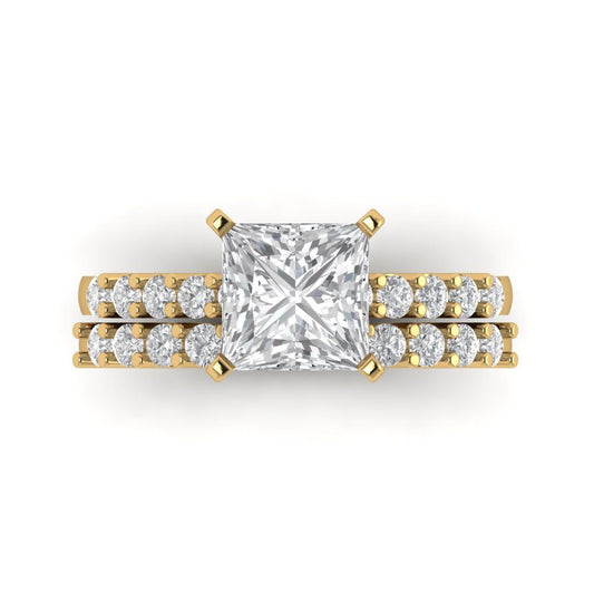 2.63 cttw Princess Cut White Sapphire Bridal Set - Solid Yellow Gold Engagement Ring & Wedding Band