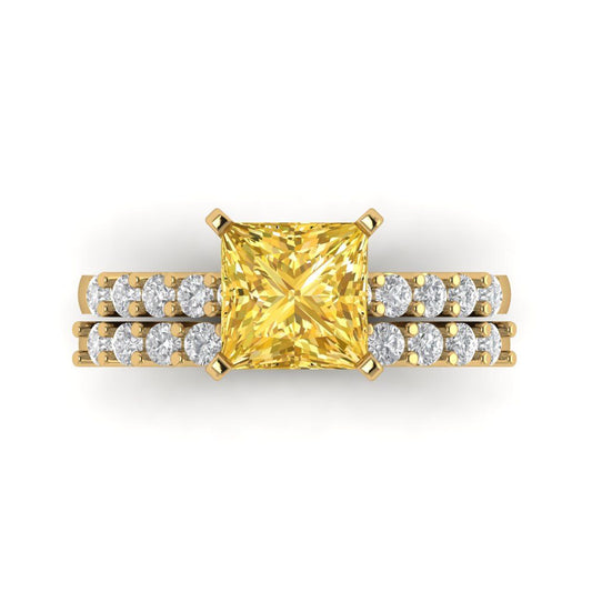 2.63 cttw Princess Cut Natural Citrine Bridal Set - Solid Yellow Gold Engagement Ring & Wedding Band