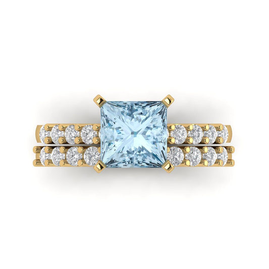 2.63 cttw Princess Cut Natural Swiss Blue Topaz Bridal Set - Solid Yellow Gold Engagement Ring & Wedding Band