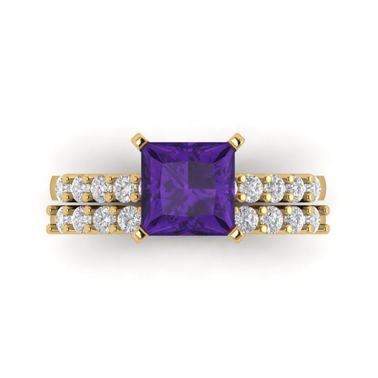 2.63 cttw Princess Cut Natural Amethyst Bridal Set - Solid Yellow Gold Engagement Ring & Wedding Band
