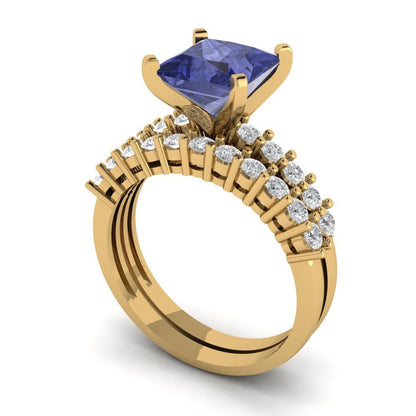 2.63 cttw Princess Cut Simulated Tanzanite Bridal Set - Solid Yellow Gold Engagement Ring & Wedding Band