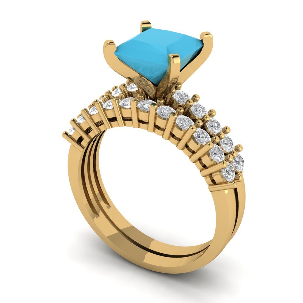 2.63 cttw Princess Cut Simulated Turquoise Bridal Set - Solid Yellow Gold Engagement Ring & Wedding Band