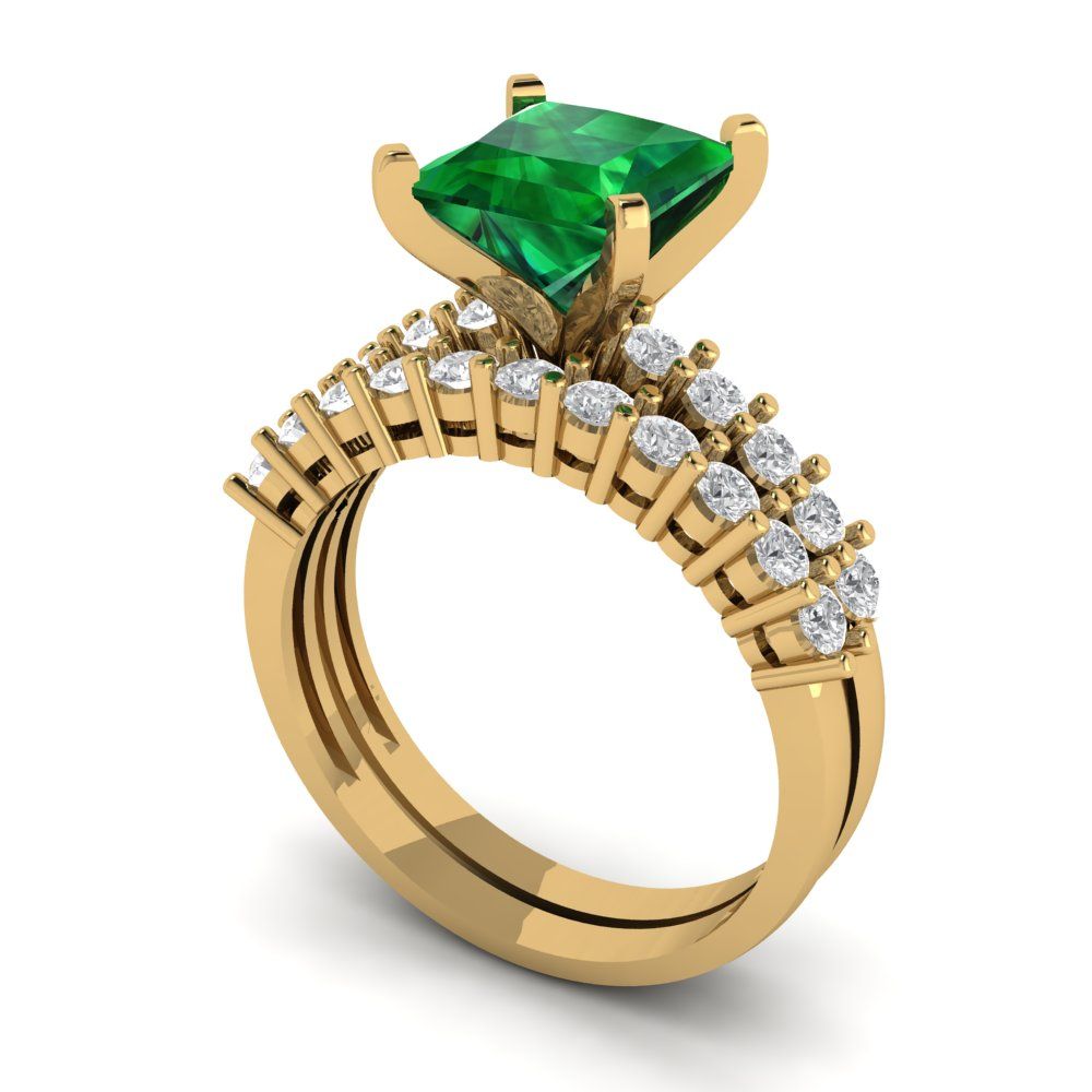 2.63 cttw Princess Cut Simulated Emerald Bridal Set - Solid Yellow Gold Engagement Ring & Wedding Band