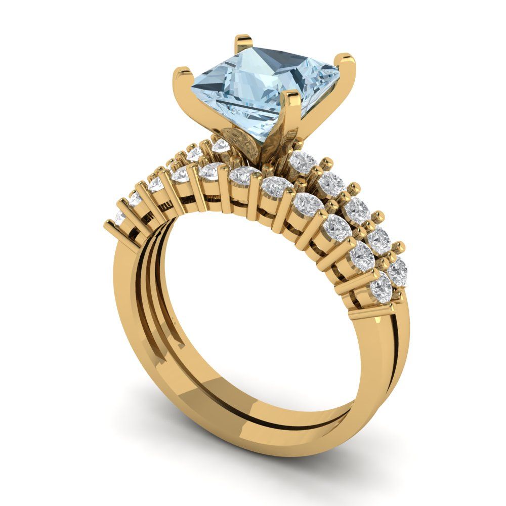 2.63 cttw Princess Cut Natural Aquamarine Bridal Set - Solid Yellow Gold Engagement Ring & Wedding Band