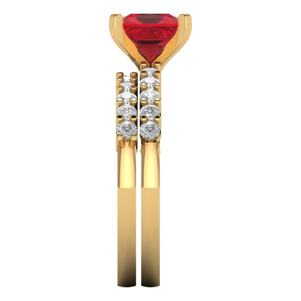 2.63 cttw Princess Cut Simulated Pink Tourmaline Bridal Set - Solid Yellow Gold Engagement Ring & Wedding Band