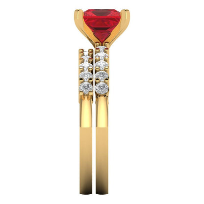 2.63 cttw Princess Cut Simulated Pink Tourmaline Bridal Set - Solid Yellow Gold Engagement Ring & Wedding Band