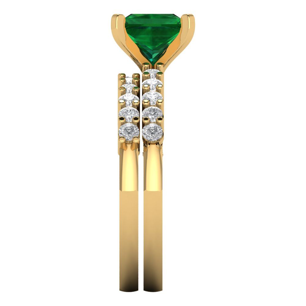2.63 cttw Princess Cut Simulated Emerald Bridal Set - Solid Yellow Gold Engagement Ring & Wedding Band