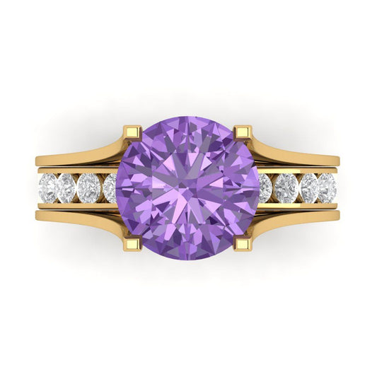 3.39 cttw Round Cut Simulated Alexandrite Bridal Set - Solid Yellow Gold Engagement Ring & Wedding Band
