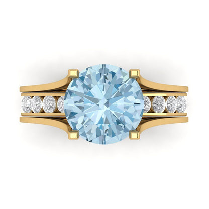 3.39 cttw Round Cut Simulated Blue Diamond Bridal Set - Solid Yellow Gold Engagement Ring & Wedding Band