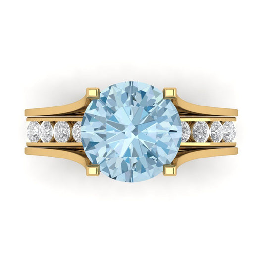 3.39 cttw Round Cut Natural Sky Blue Topaz Bridal Set - Solid Yellow Gold Engagement Ring & Wedding Band