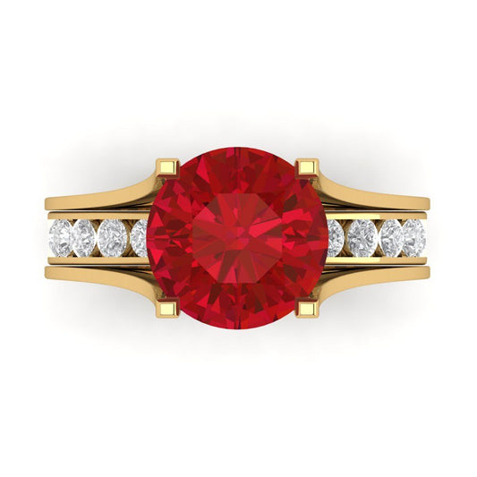 3.39 cttw Round Cut Simulated Pink Tourmaline Bridal Set - Solid Yellow Gold Engagement Ring & Wedding Band