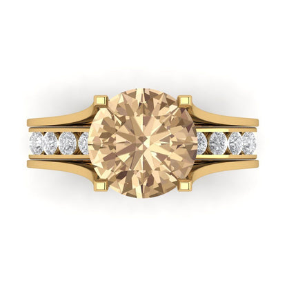 3.39 cttw Round Cut Yellow Moissanite Bridal Set - Solid Yellow Gold Engagement Ring & Wedding Band