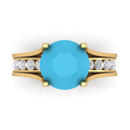 3.39 cttw Round Cut Simulated Turquoise Bridal Set - Solid Yellow Gold Engagement Ring & Wedding Band