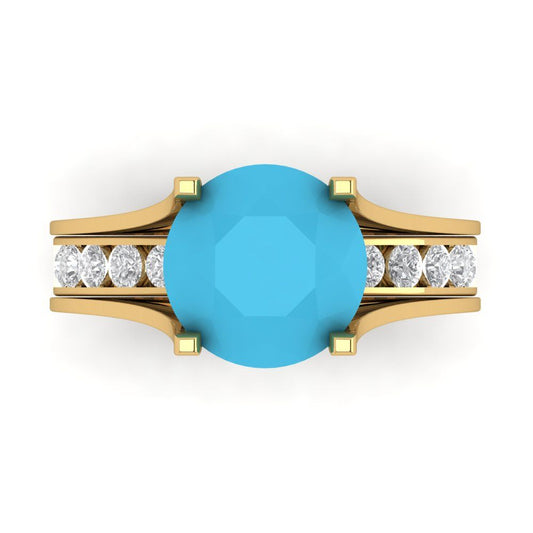 3.39 cttw Round Cut Simulated Turquoise Bridal Set - Solid Yellow Gold Engagement Ring & Wedding Band