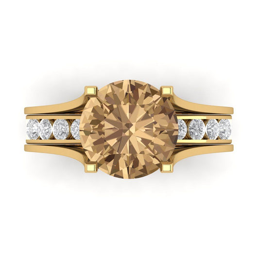 3.39 cttw Round Cut Simulated Champagne Diamond Bridal Set - Solid Yellow Gold Engagement Ring & Wedding Band