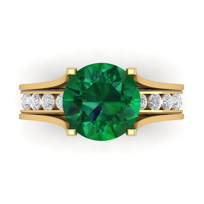 3.39 cttw Round Cut Simulated Emerald Bridal Set - Solid Yellow Gold Engagement Ring & Wedding Band