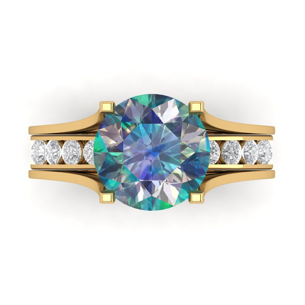 3.39 cttw Round Cut Blue Moissanite Bridal Set - Solid Yellow Gold Engagement Ring & Wedding Band