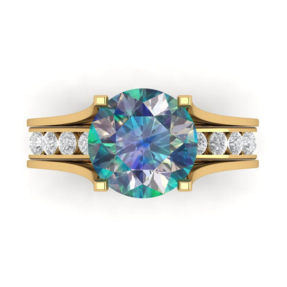 3.39 cttw Round Cut Blue Moissanite Bridal Set - Solid Yellow Gold Engagement Ring & Wedding Band