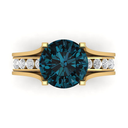 3.39 cttw Round Cut Natural London Blue Topaz Bridal Set - Solid Yellow Gold Engagement Ring & Wedding Band