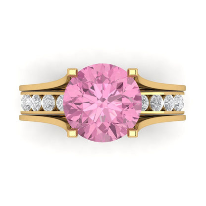3.39 cttw Round Cut Simulated Pink Diamond Bridal Set - Solid Yellow Gold Engagement Ring & Wedding Band