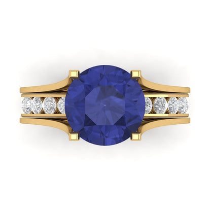 3.39 cttw Round Cut Simulated Tanzanite Bridal Set - Solid Yellow Gold Engagement Ring & Wedding Band