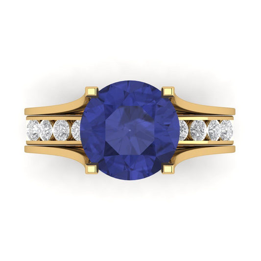 3.39 cttw Round Cut Simulated Tanzanite Bridal Set - Solid Yellow Gold Engagement Ring & Wedding Band