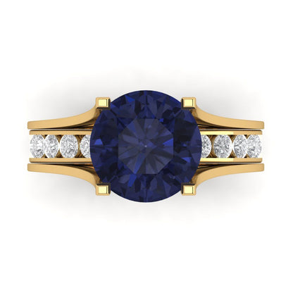 3.39 cttw Round Cut Simulated Blue Sapphire Bridal Set - Solid Yellow Gold Engagement Ring & Wedding Band
