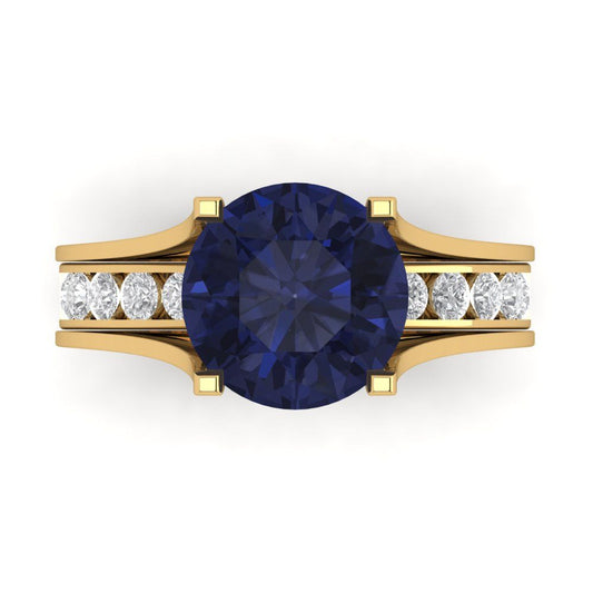 3.39 cttw Round Cut Simulated Blue Sapphire Bridal Set - Solid Yellow Gold Engagement Ring & Wedding Band