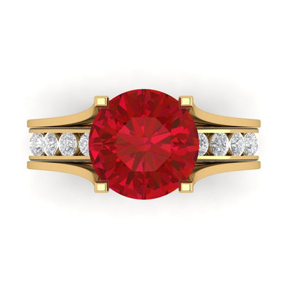 3.39 cttw Round Cut Simulated Ruby Bridal Set - Solid Yellow Gold Engagement Ring & Wedding Band