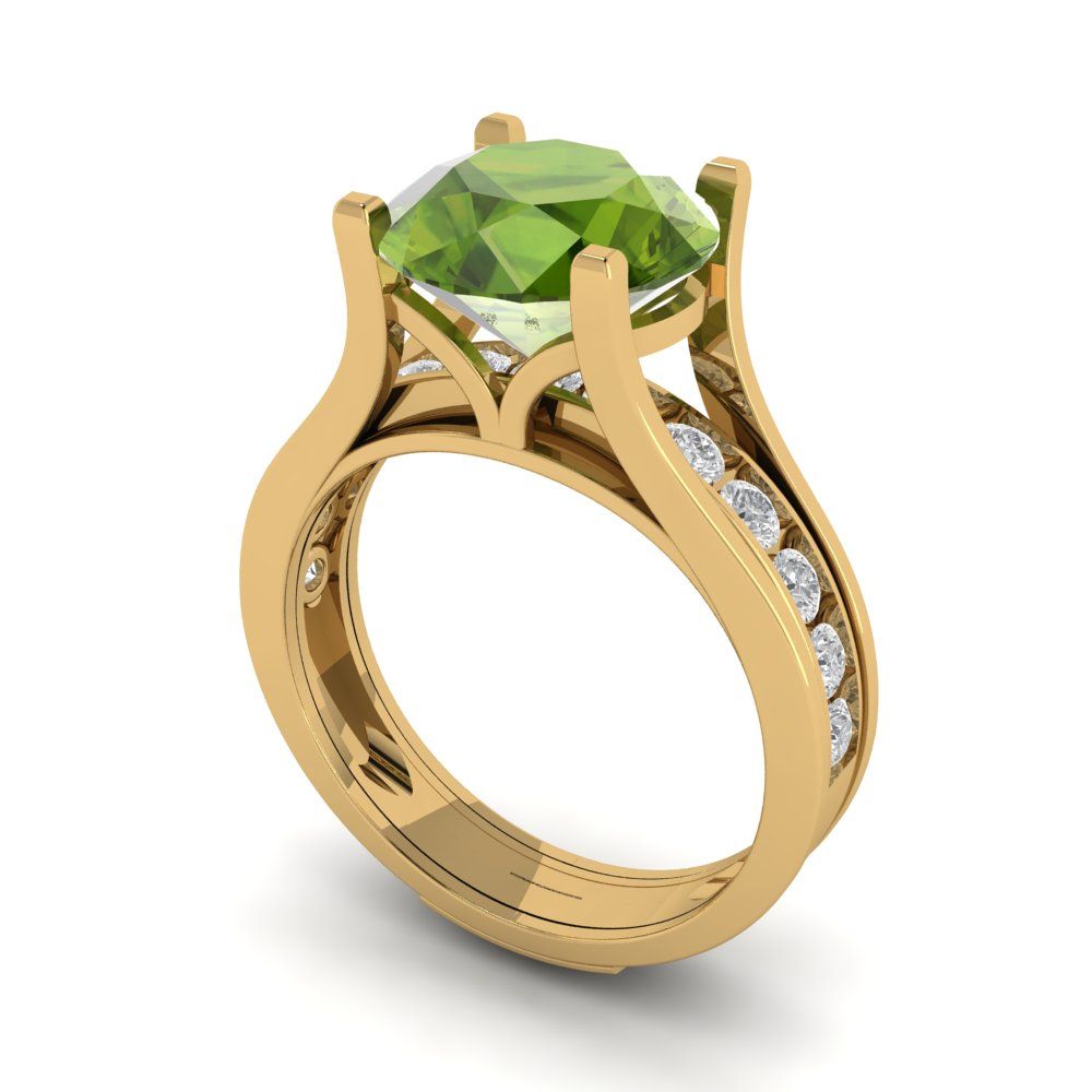 3.39 cttw Round Cut Natural Peridot Bridal Set - Solid Yellow Gold Engagement Ring & Wedding Band