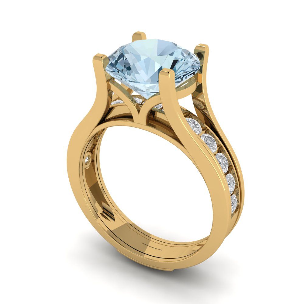 3.39 cttw Round Cut Natural Sky Blue Topaz Bridal Set - Solid Yellow Gold Engagement Ring & Wedding Band