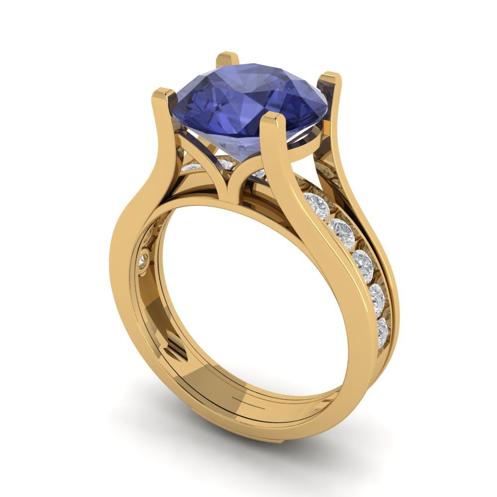 3.39 cttw Round Cut Simulated Tanzanite Bridal Set - Solid Yellow Gold Engagement Ring & Wedding Band