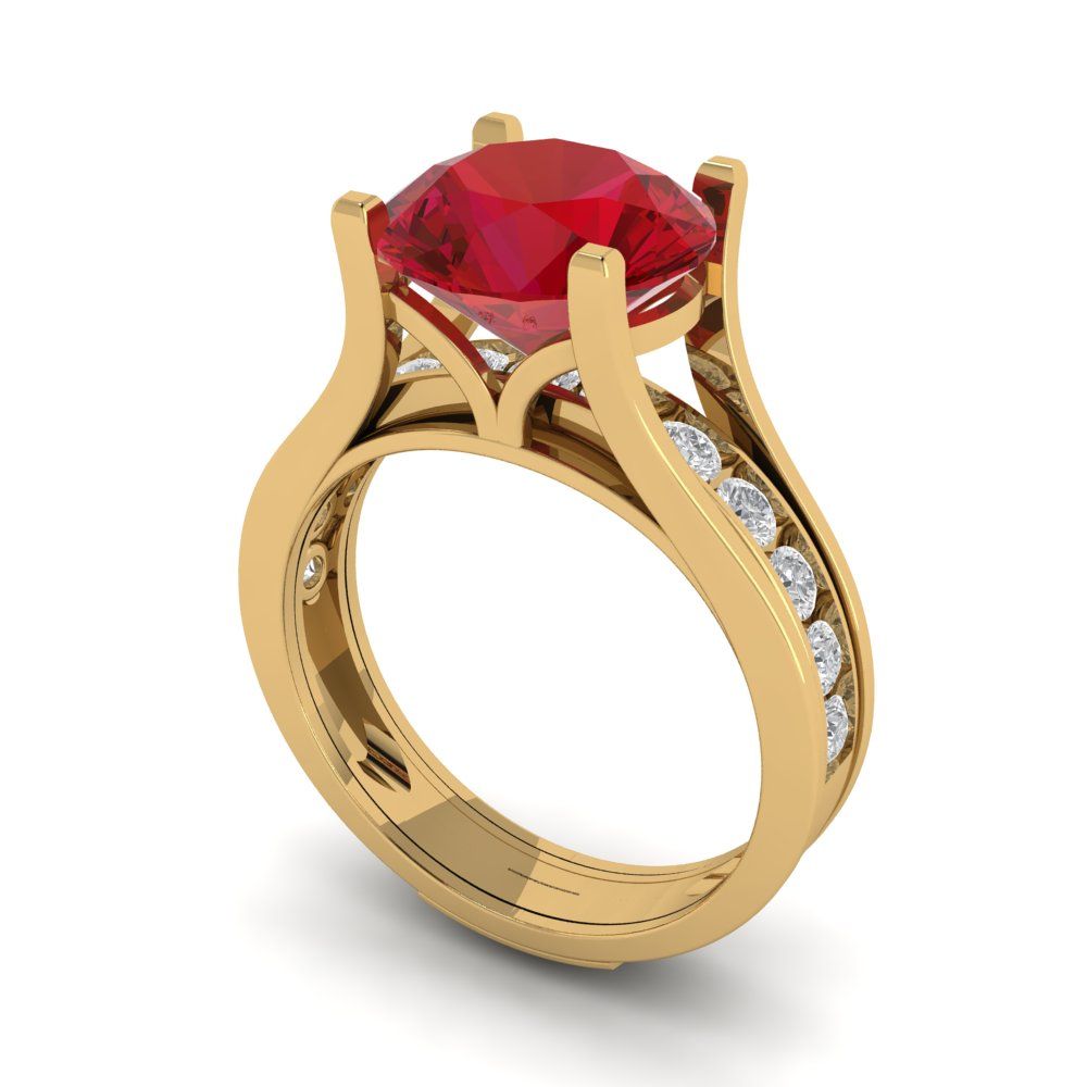 3.39 cttw Round Cut Simulated Ruby Bridal Set - Solid Yellow Gold Engagement Ring & Wedding Band