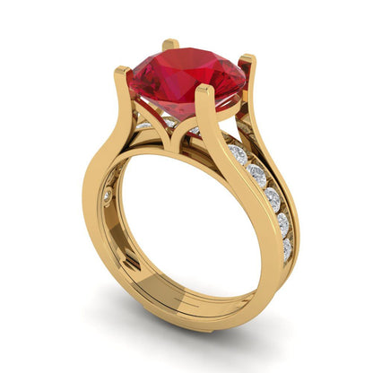 3.39 cttw Round Cut Simulated Ruby Bridal Set - Solid Yellow Gold Engagement Ring & Wedding Band