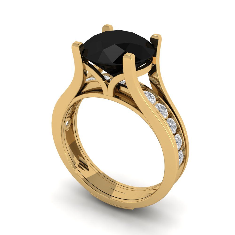 3.39 cttw Round Cut Natural Onyx Bridal Set - Solid Yellow Gold Engagement Ring & Wedding Band
