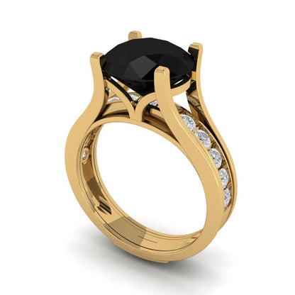 3.39 cttw Round Cut Natural Onyx Bridal Set - Solid Yellow Gold Engagement Ring & Wedding Band