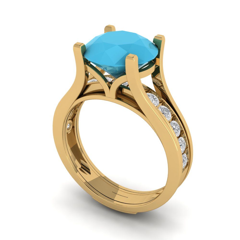 3.39 cttw Round Cut Simulated Turquoise Bridal Set - Solid Yellow Gold Engagement Ring & Wedding Band