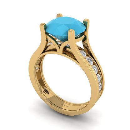 3.39 cttw Round Cut Simulated Turquoise Bridal Set - Solid Yellow Gold Engagement Ring & Wedding Band
