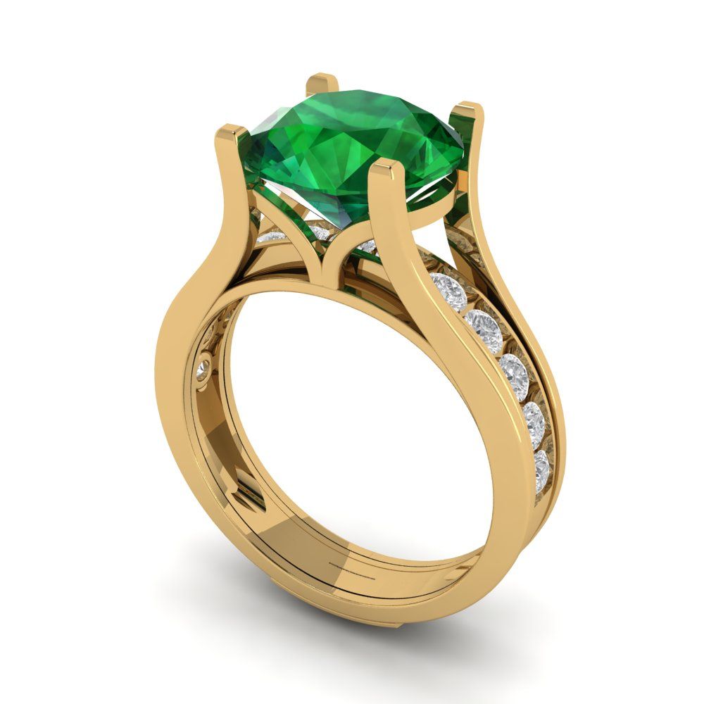 3.39 cttw Round Cut Simulated Emerald Bridal Set - Solid Yellow Gold Engagement Ring & Wedding Band